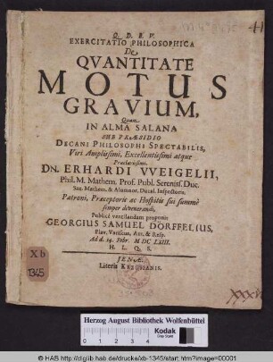 Exercitatio Philosophica De Qvantitate Motus Gravium
