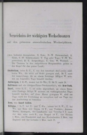 Verzeichniss der wichtigsten Wechselusanzen