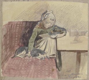 Lesendes Kind mit Katze auf der Bank