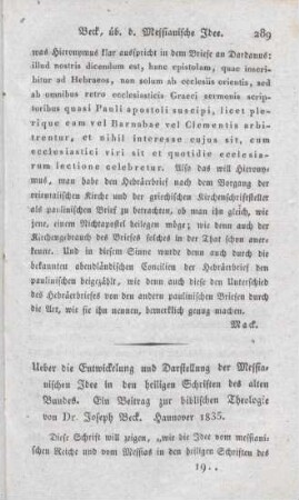 289-301 [Rezension] Beck, Joseph, Über die Entwicklung und Darstellung der Messianischen Idee in den heiligen Schriften des alten Bundes