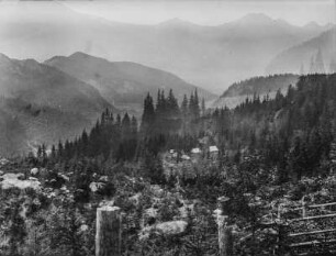 Talblick : Blick in ein bewaldetes Tal mit Hütten