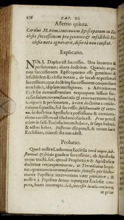 Assertio quinta. [...] num continuum Episcopatum in Ecclesia successionem pro genuina & infallibili Ecclesiæ nota agnoverit, diserte non constat.