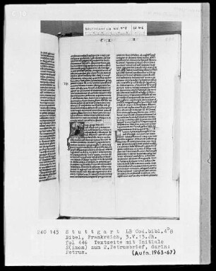Lateinische Taschenbibel — Initiale S (imon Petrus), darin der Apostel Petrus, Folio 446recto