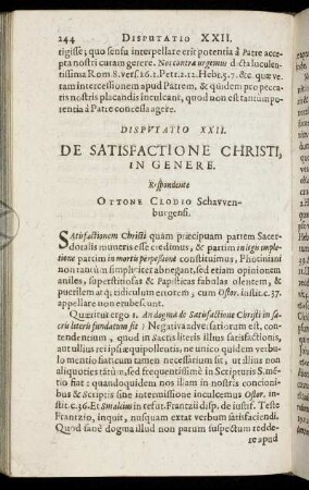 Disputatio XXII. De Satisfactione Christi in Genere