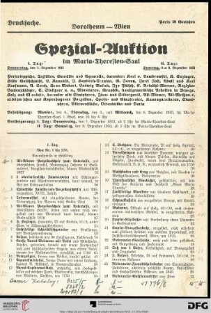 Spezial-Auktion im Maria-Theresien-Saal : Perserteppiche, Textilien, Gemälde und Aquarelle, darunter: Karl v. Dombrowski, H. Enzinger ..., Miniaturen, Graphik, kunstgewerbliche Arbeiten in Bronze, Holz und Elfenbein darunter alte Skulpturen, ... ; 1. Tag: Donnerstag, den 7. Dezember 1933, 2. Tag: Samstag, den 9. Dezember 1933
