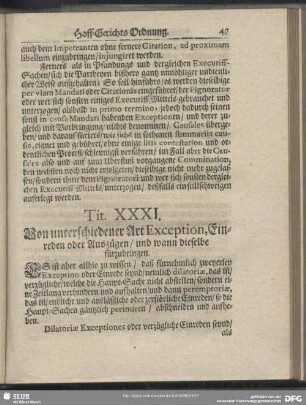 Tit. XXXI. Von unterschiedener Art Exception, Einreden oder Auszügen, und wann dieselbe fürzubringen
