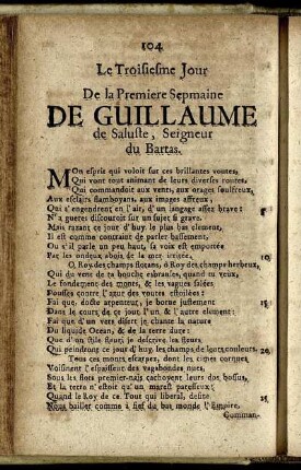 Le Troisiesme Jour De la Premiere Sepmaine De Guillaume de Saluste, Seigneur Du Bartas = Der Dritte Tag Der Ersten Woche ...