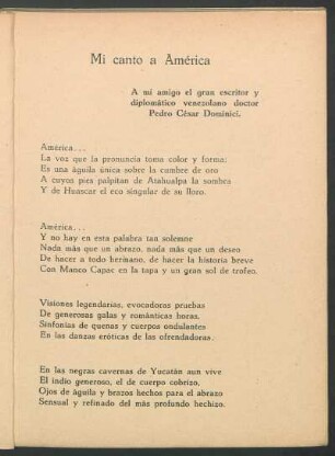 Mi canto a América : A mi amigo el gran escritor y diplomático venezolano doctor Pedro César Dominici.