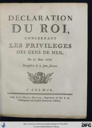 Déclaration Du Roi, Concernant Les Privileges Des Gens De Mer : Du 21 Mars 1778. Enregistrée le 5 Juin suivant