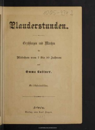 Plauderstunden : Erzählungen und Märchen für Mädchen von 7 bis 10 Jahren