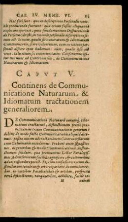 Caput V. Continens de Communicatione Naturarum & Idiomatum tractationem generaliorem.