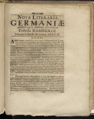 Nova Literaria Germaniæ...Collecta Hamburgi Editaque Calendis Octobris MDCCIX.