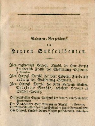 Nahmen-Verzeichniß der Herren Subscribenten