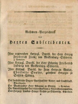 Nahmen-Verzeichniß der Herren Subscribenten
