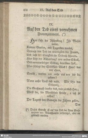 IX. Auf den Tod eines vornehmen Frauenzimmers. (*)