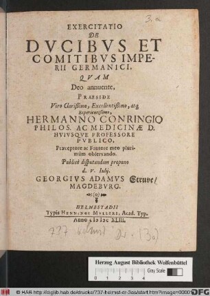 Exercitatio De Ducibus Et Comitibus Imperii Germanici