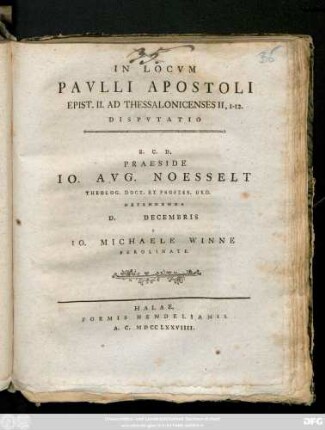 In Locvm Pavlli Apostoli Epist. II. Ad Thessalonicenses II, 1-12. : Dispvtatio