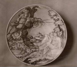 Schüssel mit bunter Bemalung, mythologische Szene, Leda mit dem Schwan, auf der Innenseite