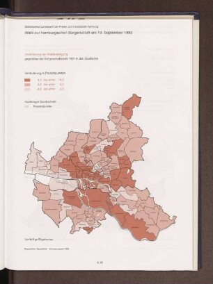 Veränderung der Wahlbeteiligung 1993 gegenüber der Bürgerschaftswahl 1991 in den Stadtteilen