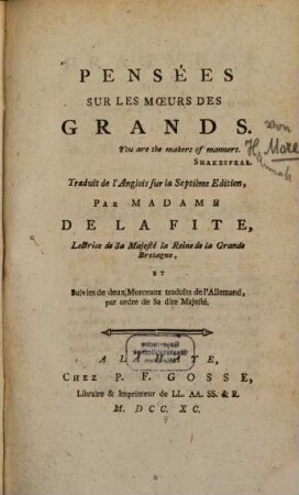 Pensées sur les moeurs des grands