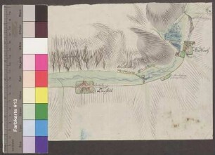 Wartenberg; [ohne Titel; Handskizze]; ohne Verfasser; ohne Maßstab; 41 x 31 cm; Papier; Federzeichnung mit Schraffen; Siedlungen, Gewässer, Talauen in Wasserfarben.