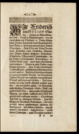 Wir Friderich von Gottes Gnaden/ Hertzog zu Würtemberg ...