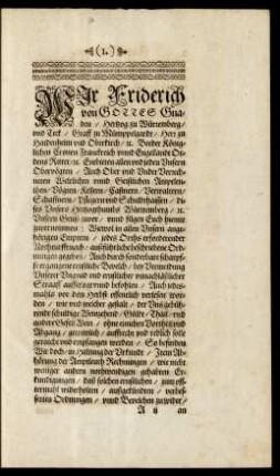Wir Friderich von Gottes Gnaden/ Hertzog zu Würtemberg ...
