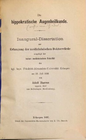 Die hippokratische Augenheilkunde