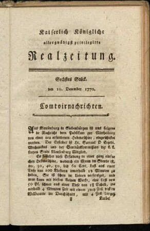 Sechstes Stück. den 10. December 1770.