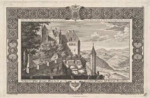 Die (Johann-) Georgenburg und der Wachturm "Rösschen" oder "Hungerturm" auf der Festung Königstein in der Sächsischen Schweiz von Südosten, aus der Reihe „Verschiedene Prospecte ... der weltberühmten Festung Königstein" bei Engelbrecht