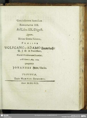 Conclusionum Forensium Exercitatio XIX. Ad Libr. IX. Digest.