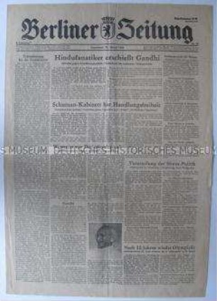 Tageszeitung "Berliner Zeitung" u.a. zum Mord an Mahatma Gandhi