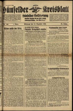 Erste Ausgabe vom Mittwoch, den 13. Dezember 1939.