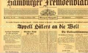 Tageszeitung "Hamburger Fremdenblatt" u.a. zur Rundfunkrede Hitlers nach dem Verlassen der Völkerbundtagung in Genf