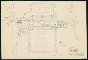 Tennishalle mit Klubräumen, Argentinische Allee, Berlin-Zehlendorf: Grundriss Tennishalle mit Aussenplatz, 1:200