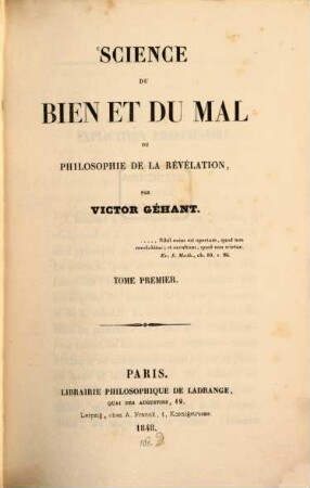Science du bien et du mal ou philosophie de la révélation, 1