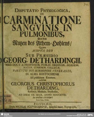 Disputatio Physiologica, De Carminatione Sanguinis In Pulmonibus, Von dem Nutzen des Athem-Hohlens