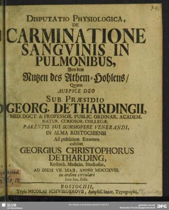 Disputatio Physiologica, De Carminatione Sanguinis In Pulmonibus, Von dem Nutzen des Athem-Hohlens