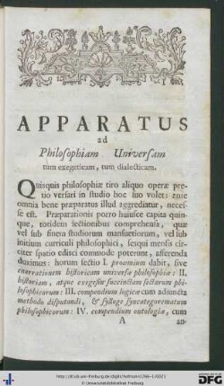 Apparatus ad Philosophiam Universam, tum exegeticam, tum dialecticam.