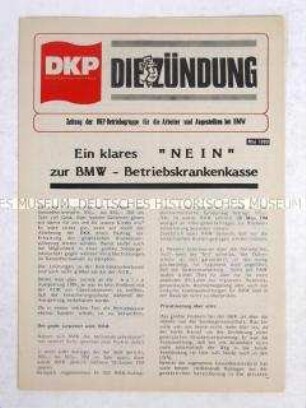Zeitung der DKP für die Arbeiter und Angestellten bei BMW u.a. gegen die Einführung einer Betriebskrankenkasse und über die Milliardärin und BMW-Hauptaktionärin Johanna Quandt