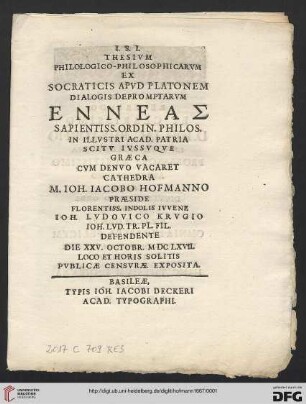 Thesivm Philologico-Philosophicarvm Ex Socraticis Apvd Platonem Dialogis Depromptarvm Enneas