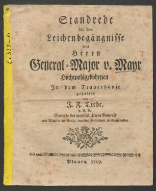Standrede bey dem Leichenbegängnisse des Herrn General-Major v. Mayr Hochwohlgebohrnen