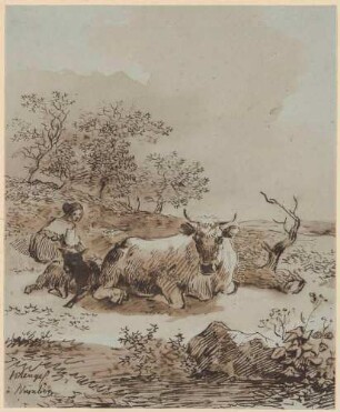Sitzende Hirtin bei lagerndem Rind und Ziege