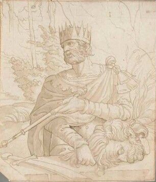Ein bärtiger König mit dem Kopf eines Mannes (Arminius mit dem Kopf des Varus?)