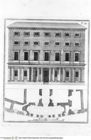 Gli edifici antichi di Roma ricercati nelle loro piante, e restituiti alla pristina magnificenza secondo Palladio, Desgodetz, ed altri più recenti / con l'aggiunta di qualche moderna fabbrica ad uso degli artisti, e de' viaggiatori pubblicati, e divisi in 82. tavole dall'Incisore Tommaso PiroliTaf. 79: Aufriss und Teilgrundriss des Palazzo Massimo alle Colonne - Gli edifici antichi di RomaPalazzo Massimo detto delle Colonne, architettura di Baldassare Peruzzi