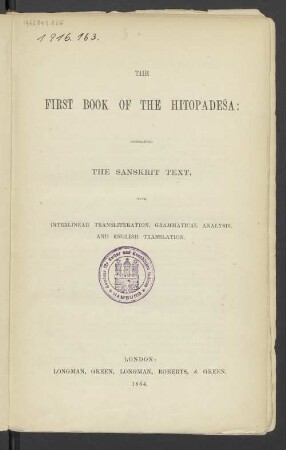 The first book of the Hitopadea : Sanskrit text