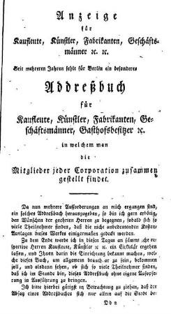 Anzeige für Kaufleute, Künstler, Fabrikanten, Geschäftsmänner...