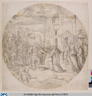 Aus der römischen Geschichte: Auf dem Platze vor einer Kirche mit Barockfassade steht an der Spitze seines Heeres ein gekrönter römischer Feldherr, ihm gegenüber eine Frau, hinter der noch 2 andere Frauen stehen. Im Himmel Jupiter auf dem Adler.