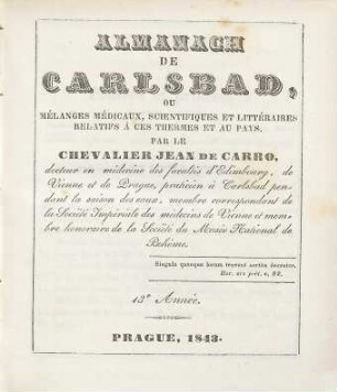 Almanach de Carlsbad ou mélanges médicaux, scientifiques et littéraires, relatifs à ces thermes et au pays, 13. 1843