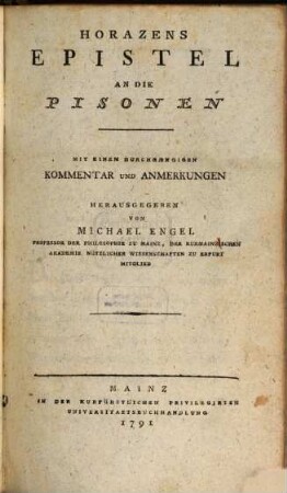 Horazens Epistel an die Pisonen : Mit Einem Durchgængigen Kommentar Und Anmerkungen
